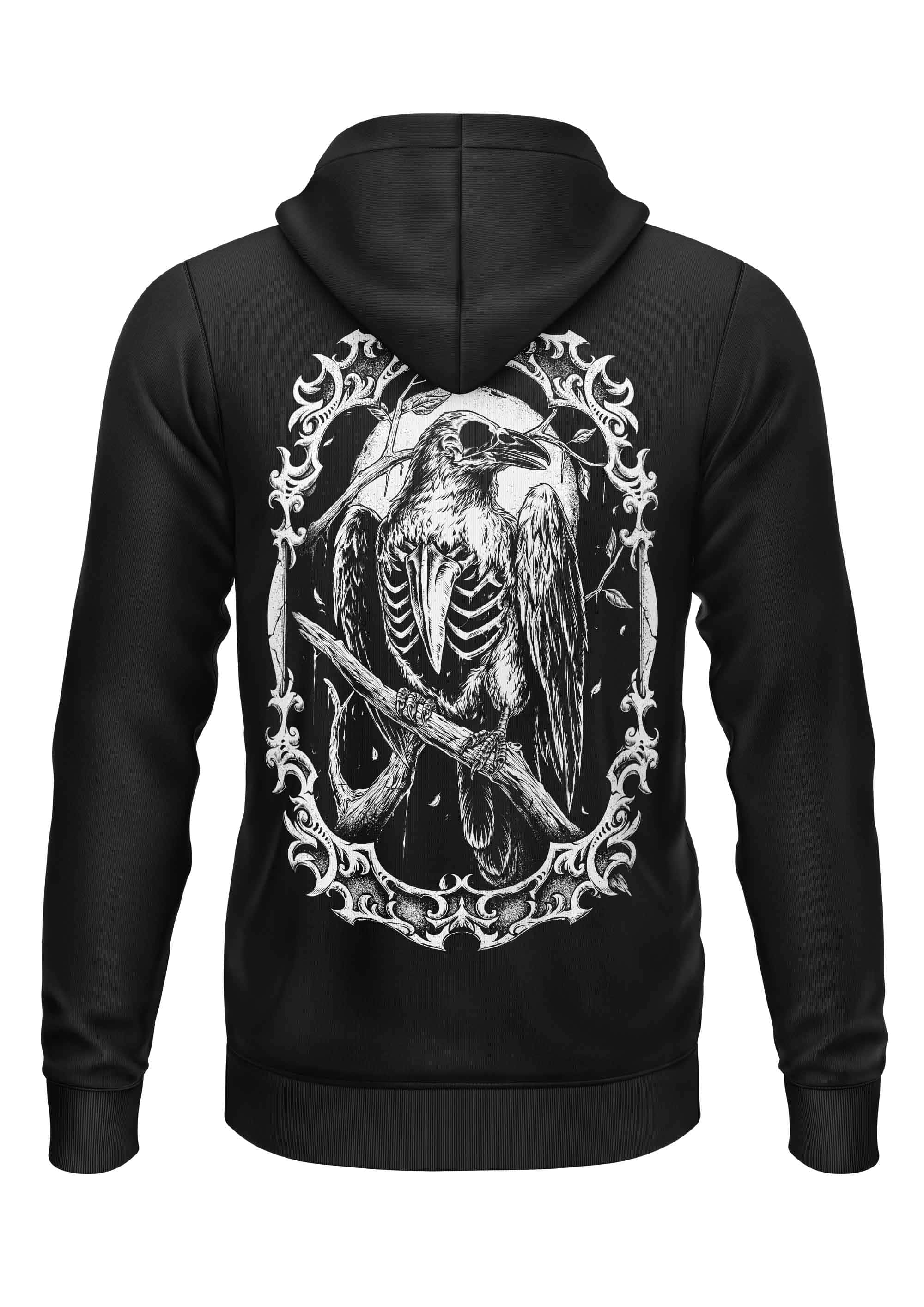 Schwarzer zip-hoodie mit detaillierter weißer grafik eines skelettkrähe am ast und gothischem scrollwork auf der rückenansicht
